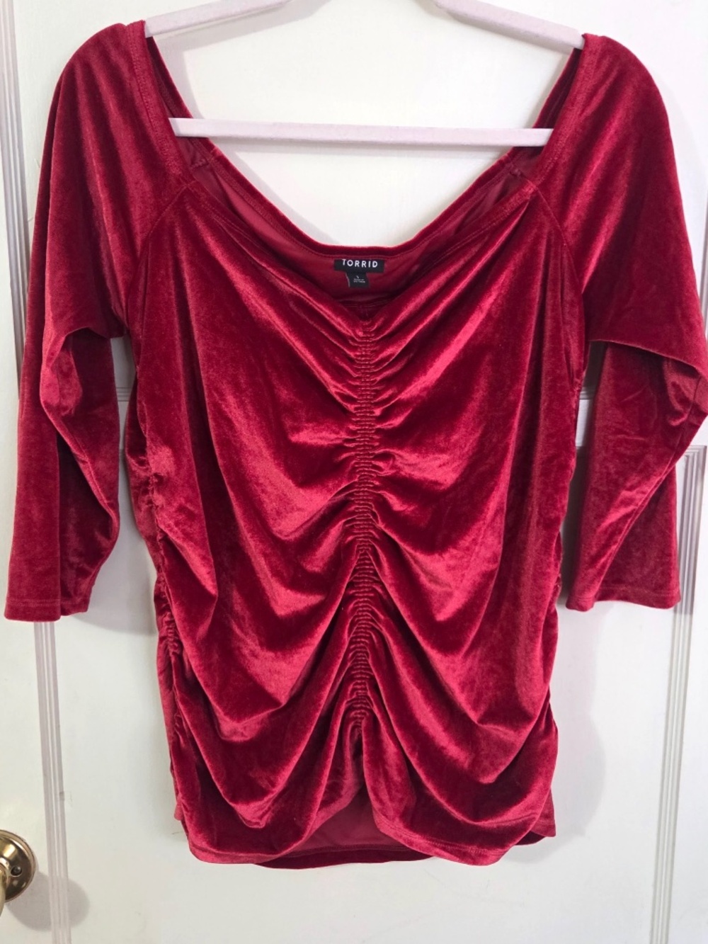 Torrid Red Velvet Shirred Front Off The Shoulder Blouse Top Size 1